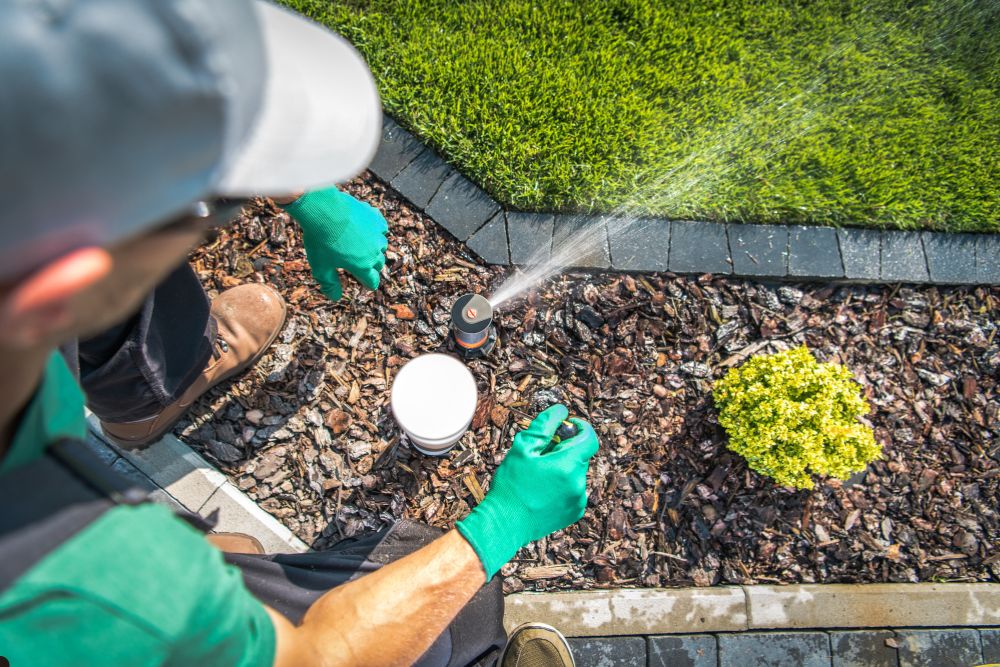 A man wearing a green shirt and gloves waters a potted plant with a watering can in a garden setting.