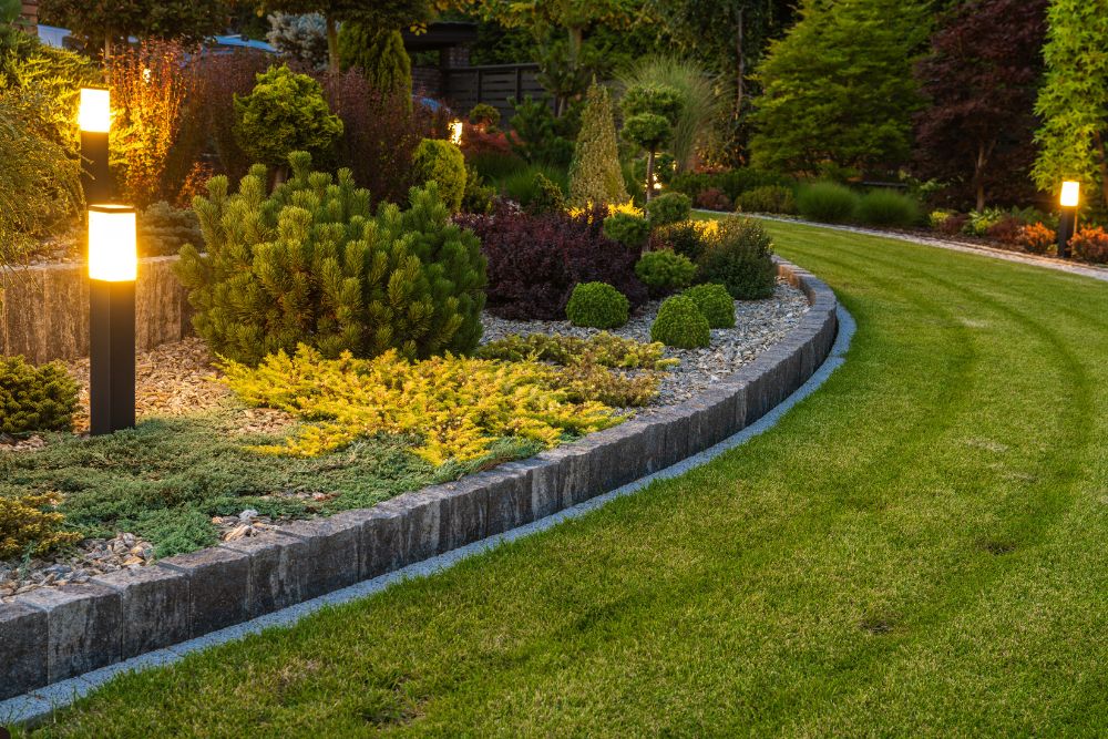 Garden illuminated by decorative landscaping lights, highlighting plants and pathways in a serene evening setting.