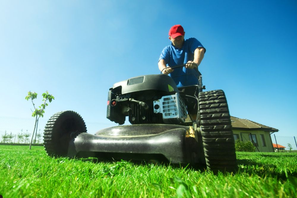 A man using a lawn mower to cut grass in a well-maintained yard on a sunny day.